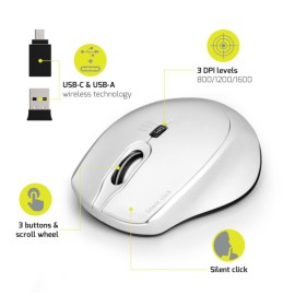 Port Connect Silent 1600DPI 3 Button Wireless Mouse - White